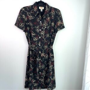Vintage Talbots Floral Button Up Black Dress Size 8